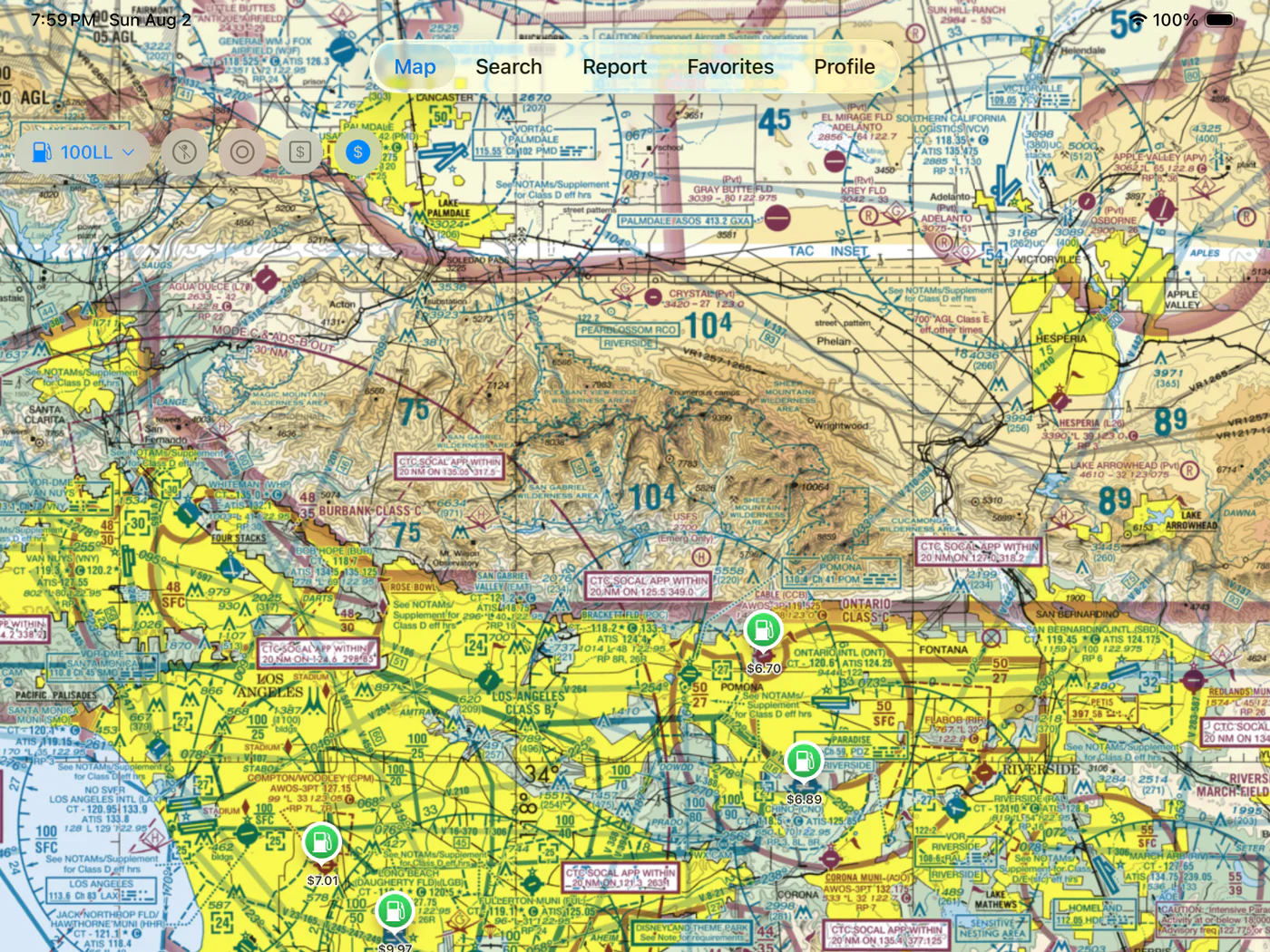 ClearRoute Fuel map showing reported aviation fuel prices at airports