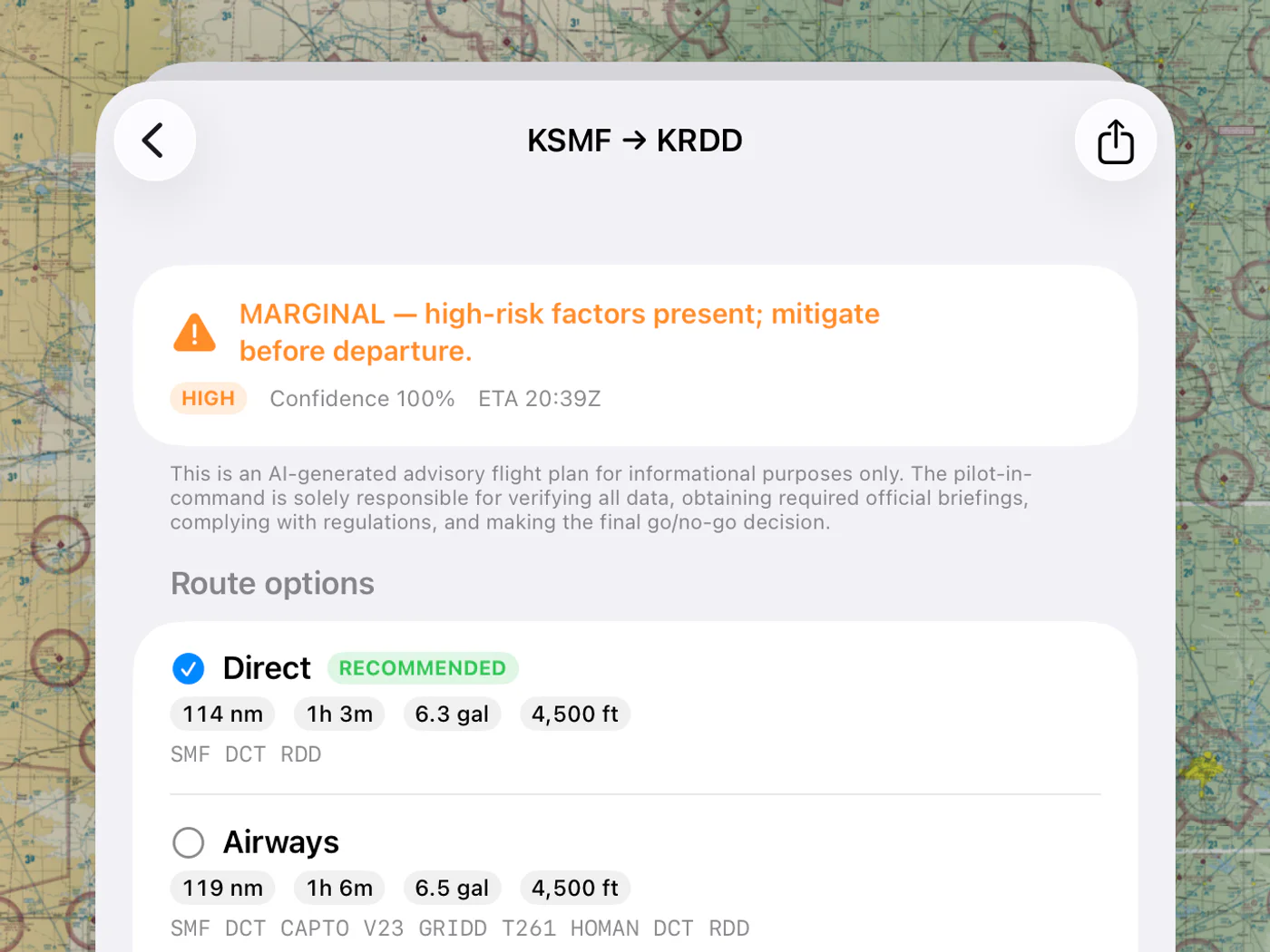 ClearRoute Pilot AutoRoute briefing showing route reasoning and risk context