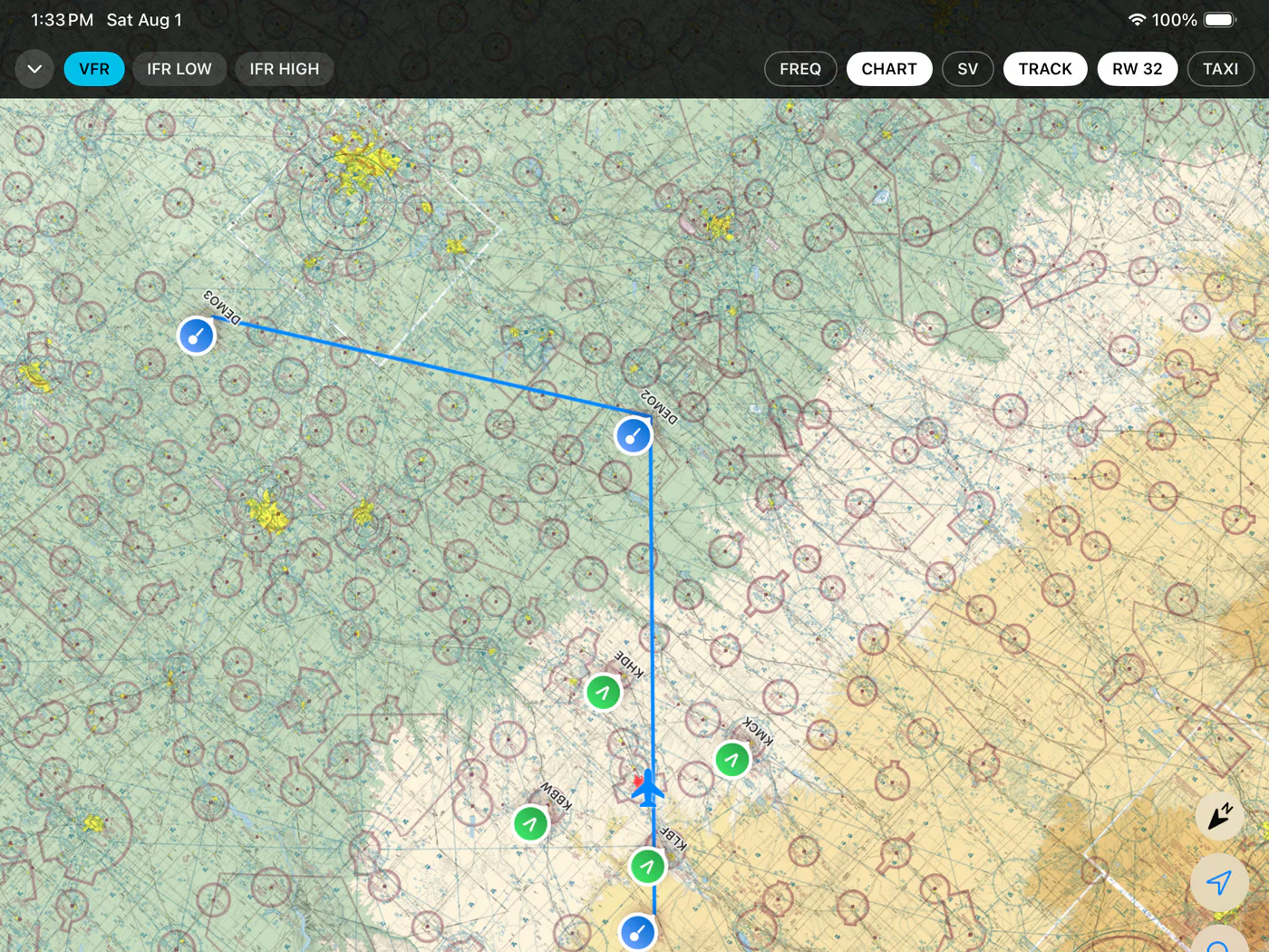 ClearRoute Pilot moving map showing a planned route on an FAA sectional chart