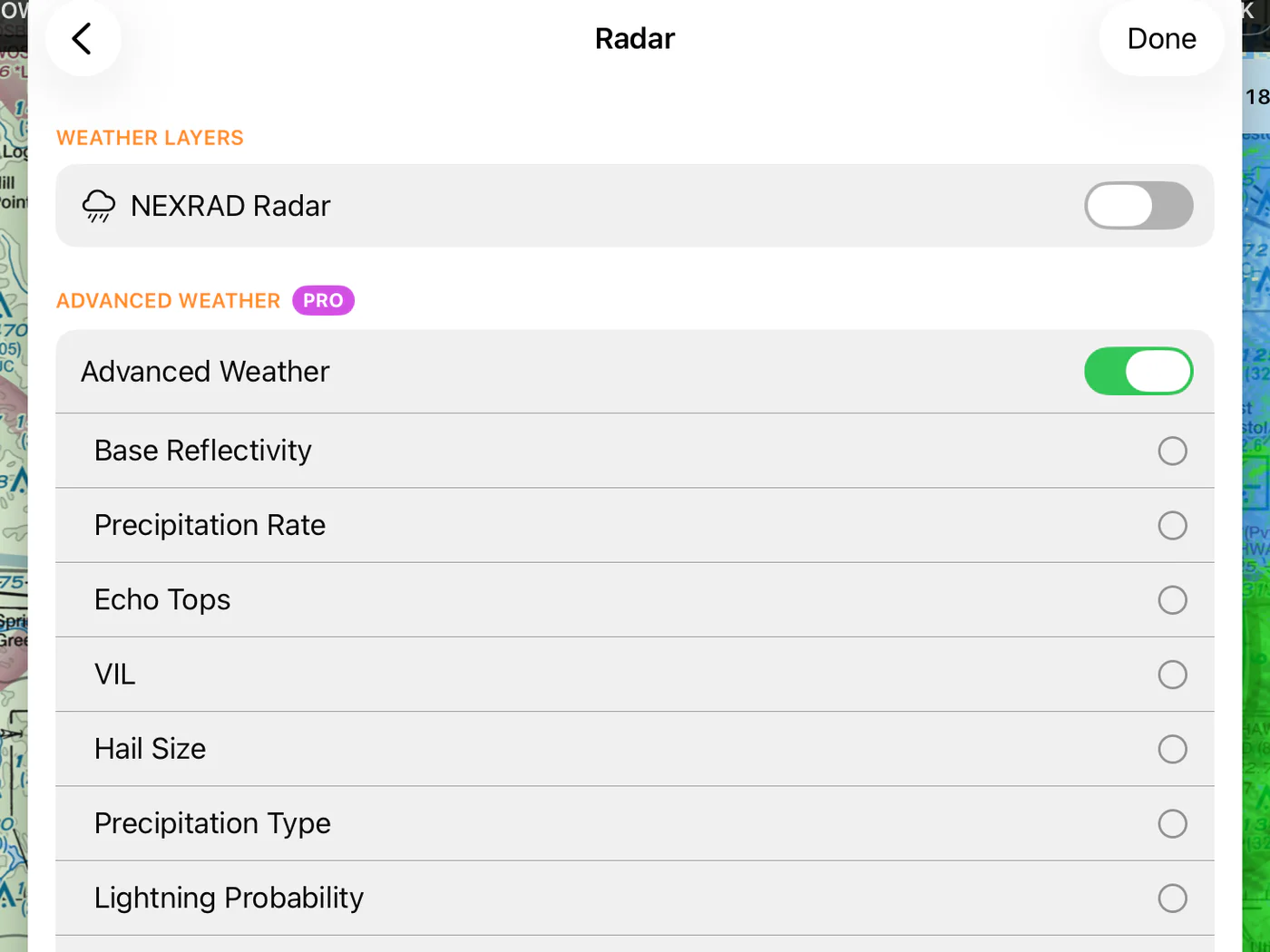 ClearRoute Pilot Radar Intelligence product picker and radar display