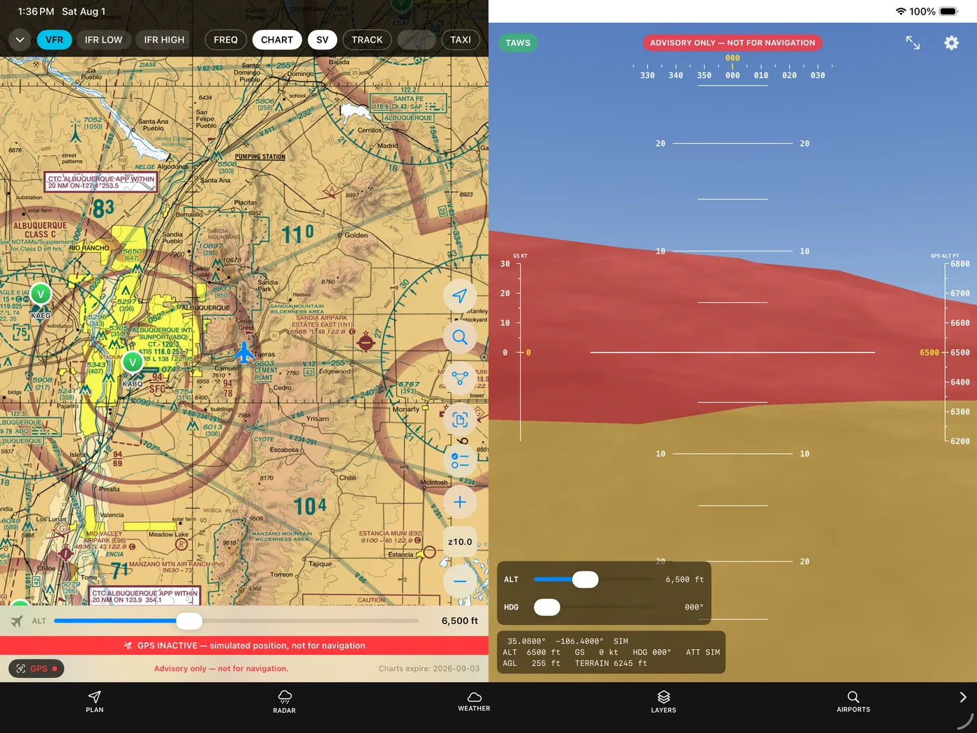 ClearRoute Pilot iPad split view with sectional chart and Synthetic Vision